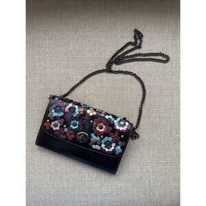 Coach Chain Crossbody With Leather Floral Boho Festival Travel Artsy Black